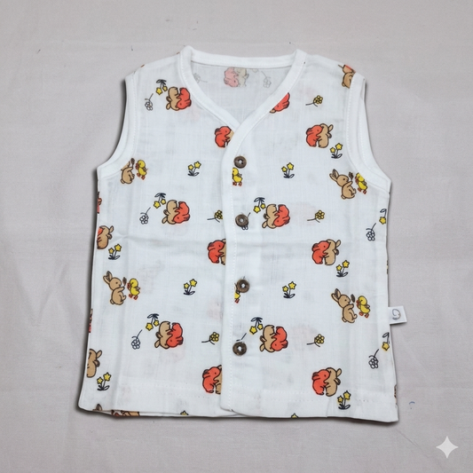 Dear Little Baby Sleeveless Muslin Cotton Top White Rabbit Print Button Front Shirt - Cutypi