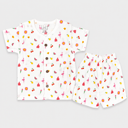 Dear Little White Printed Newborn Baby Muslin Cotton Co-ord Set with Half Sleeve Shirt & Shorts | Soft Infant Clothing | Cutypi