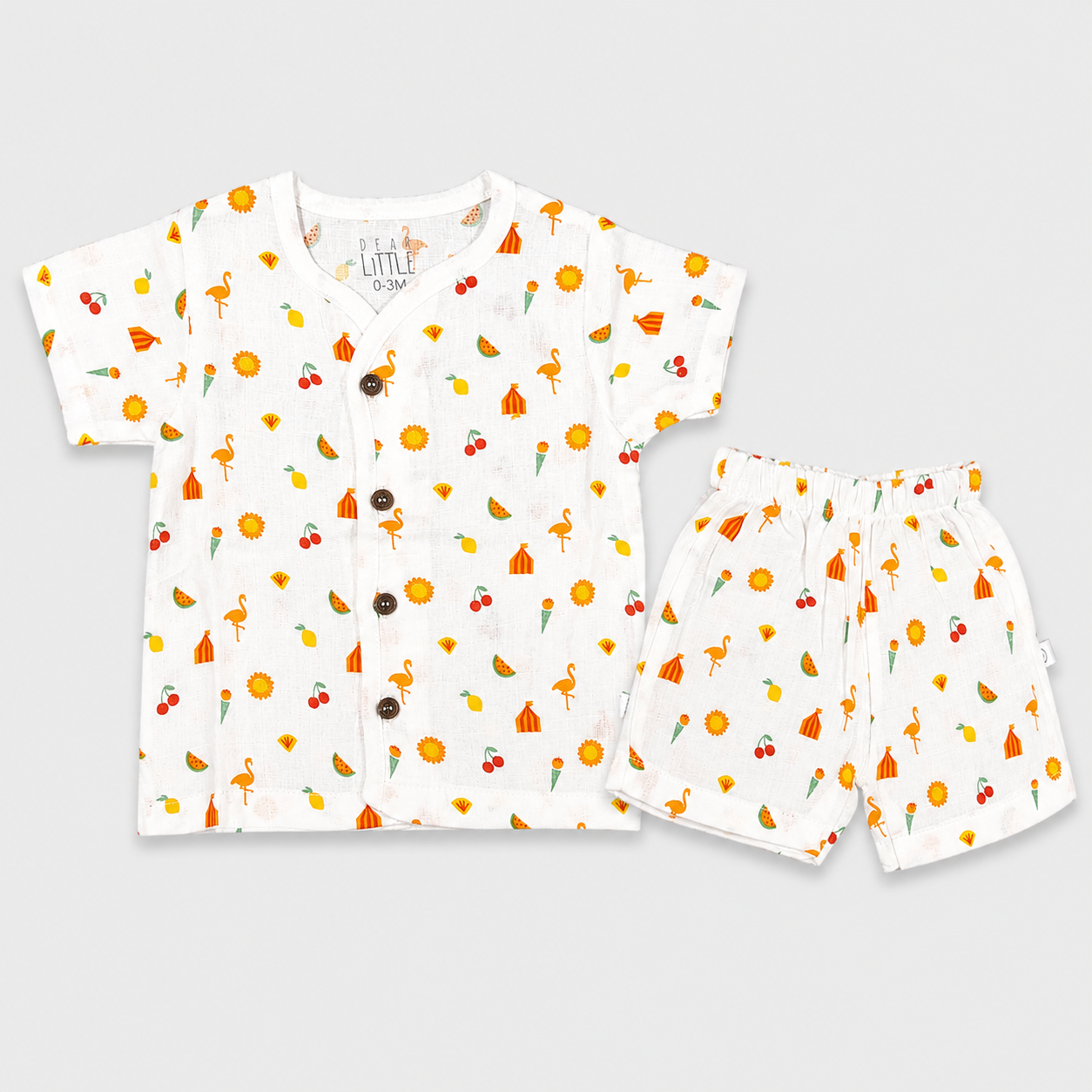 Dear Little newborn baby printed shirt and shorts set made from 100% cotton with front-open half sleeve shirt and matching shorts featuring colorful summer prints including flamingos, sunshine and fruits for baby boys and girls available online at Cutypi.