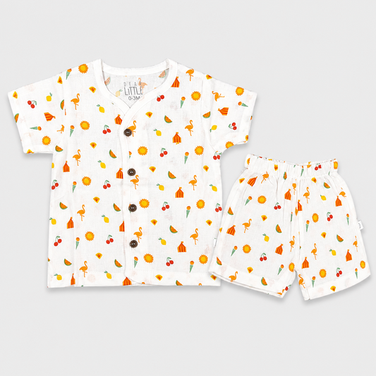 Dear Little newborn baby printed shirt and shorts set made from 100% cotton with front-open half sleeve shirt and matching shorts featuring colorful summer prints including flamingos, sunshine and fruits for baby boys and girls available online at Cutypi.