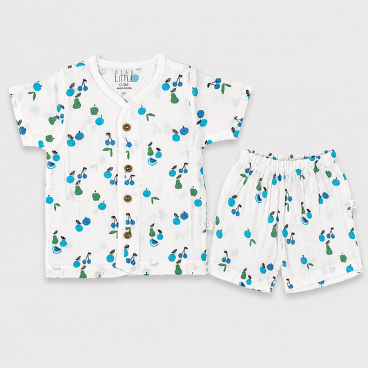Dear Little fruit print newborn baby shirt and shorts set made from 100% cotton with front-open half sleeve shirt and matching shorts in white, blue and green for baby boys and girls available online at Cutypi.