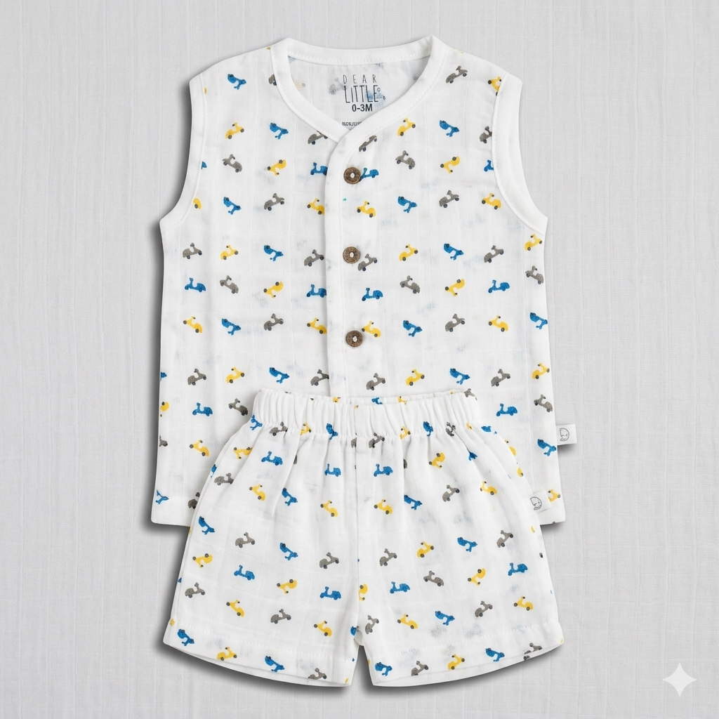 Dear Little Baby Boy Muslin Cotton Co-Ord Set White Scooter Print Sleeveless Top and Shorts Set - Cutypi