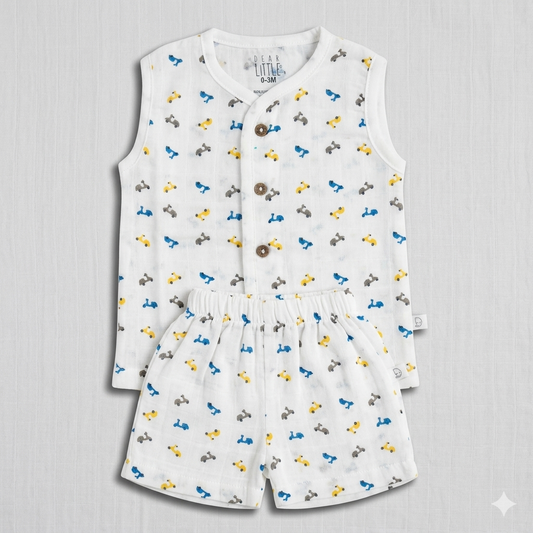 Dear Little Baby Boy Muslin Cotton Co-Ord Set White Scooter Print Sleeveless Top and Shorts Set - Cutypi
