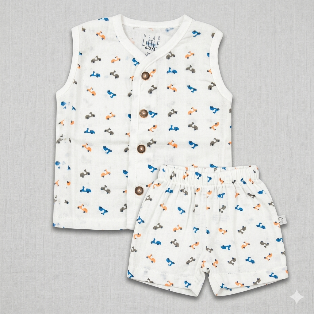 Dear Little Baby Boy Muslin Cotton Co-Ord Set White Scooter Print Sleeveless Top and Shorts Set - Cutypi