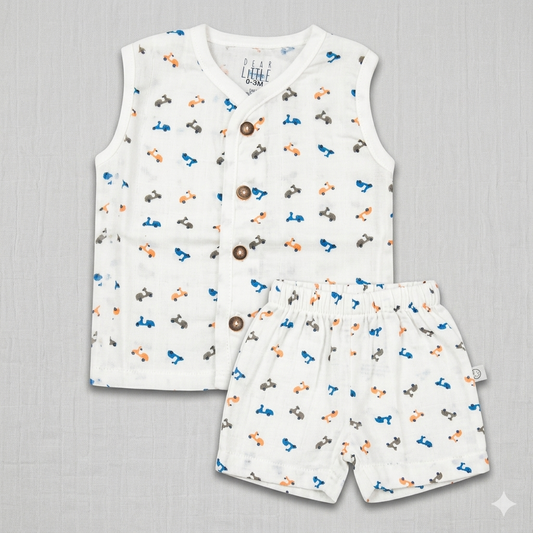 Dear Little Baby Boy Muslin Cotton Co-Ord Set White Scooter Print Sleeveless Top and Shorts Set - Cutypi