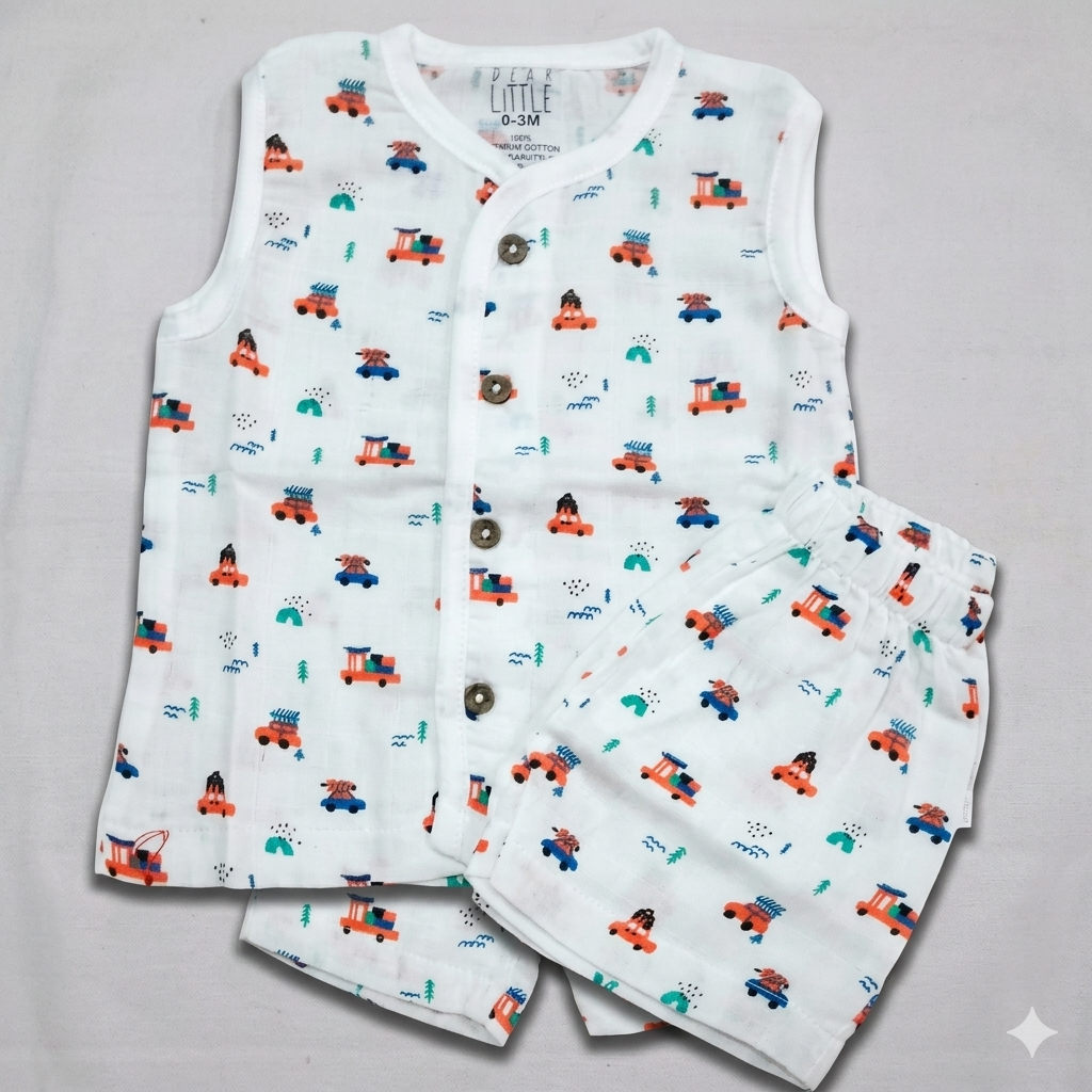 Dear Little Baby Boy Muslin Cotton Co-Ord Set White Vehicle Print Sleeveless Top and Shorts Set - Cutypi