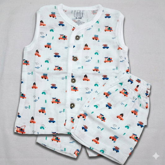 Dear Little Baby Boy Muslin Cotton Co-Ord Set White Vehicle Print Sleeveless Top and Shorts Set - Cutypi