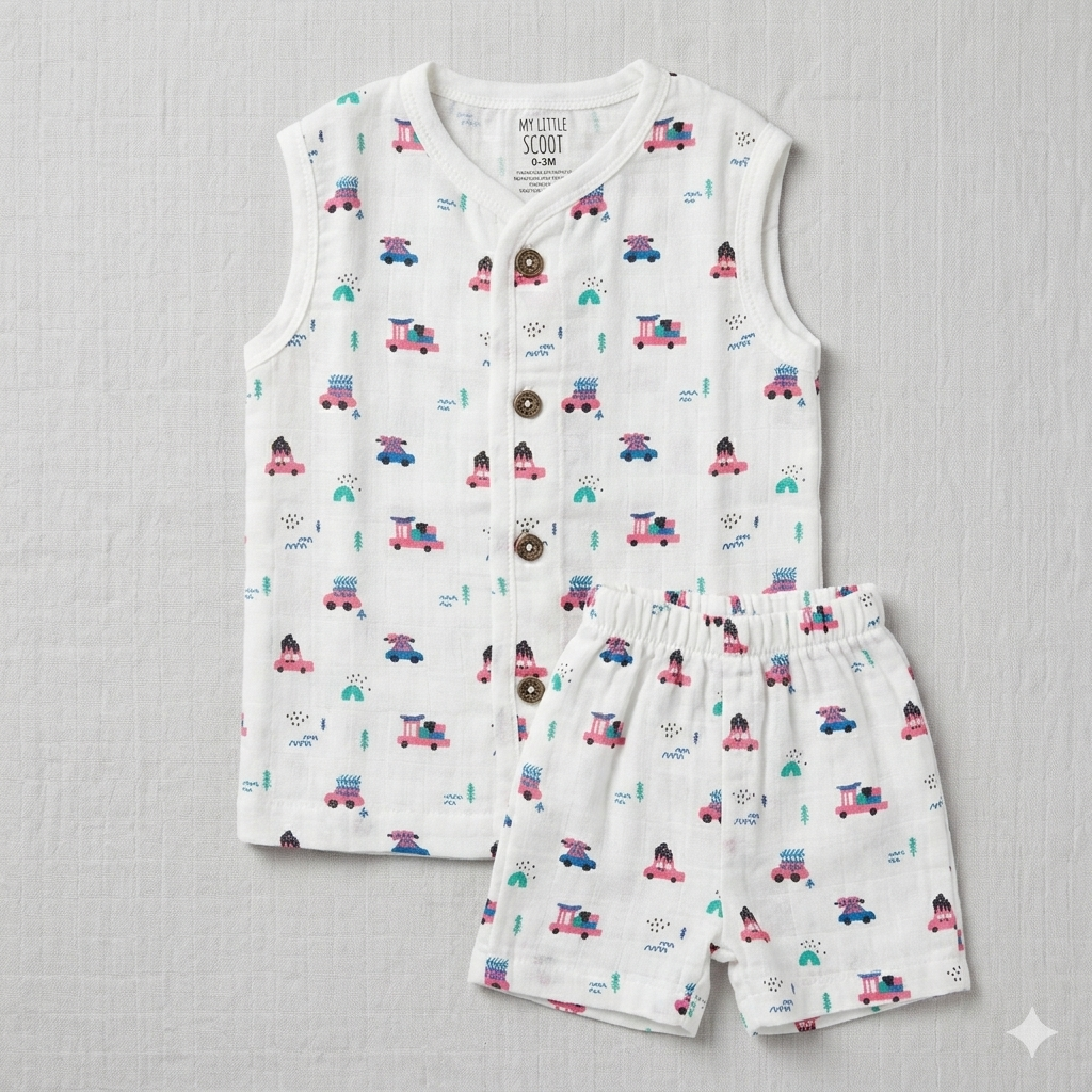 Dear Little Baby Boy Muslin Cotton Co-Ord Set Car Print Sleeveless Top and Shorts Set - Cutypi