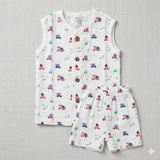 Dear Little Baby Boy Muslin Cotton Co-Ord Set Car Print Sleeveless Top and Shorts Set - Cutypi