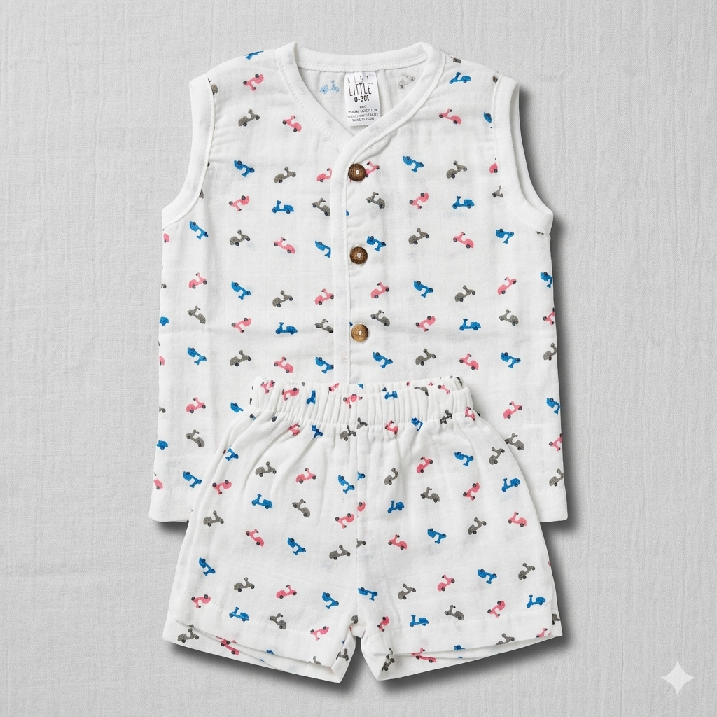 Dear Little Baby Boy Muslin Cotton Co-Ord Set Printed Sleeveless Top and Shorts Set - Cutypi