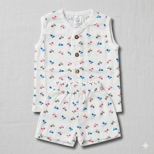 Dear Little Baby Boy Muslin Cotton Co-Ord Set Printed Sleeveless Top and Shorts Set - Cutypi