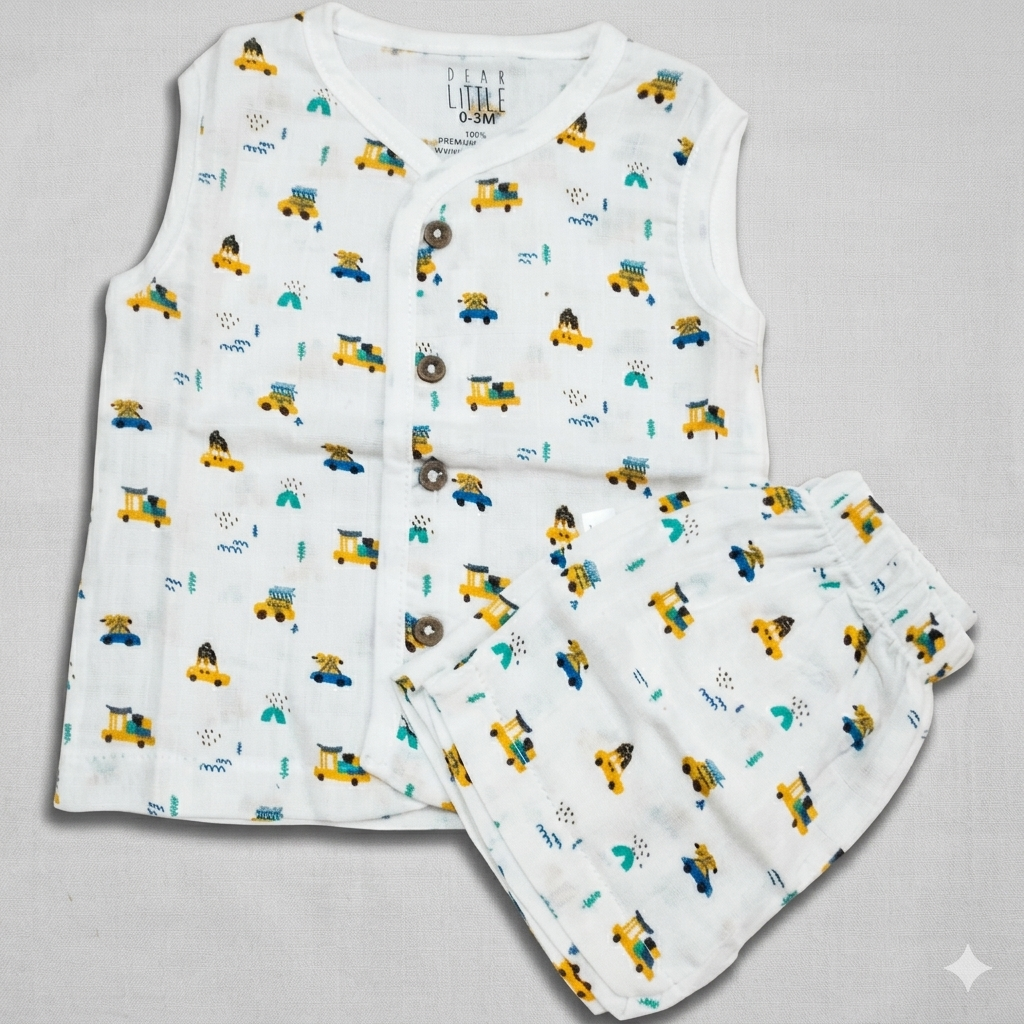 Dear Little Baby Boy Muslin Cotton Co-Ord Set Printed Sleeveless Top and Shorts Set - Cutypi