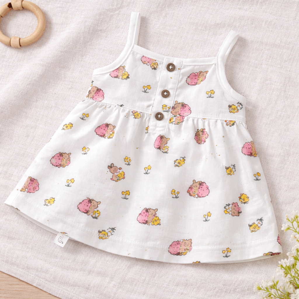 Dear Little Baby Girl Printed Cotton Dress Cream Sleeveless Summer Dress - Cutypi