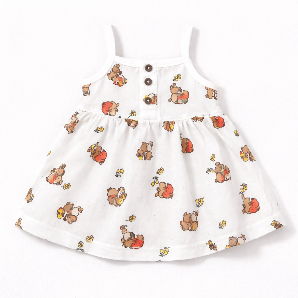 Dear Little Baby Girl Printed Cotton Dress White Teddy Bear Sleeveless Summer Dress - Cutypi