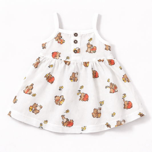 Baby Girl Printed Cotton Dress White Teddy Bear Sleeveless Summer Dress
