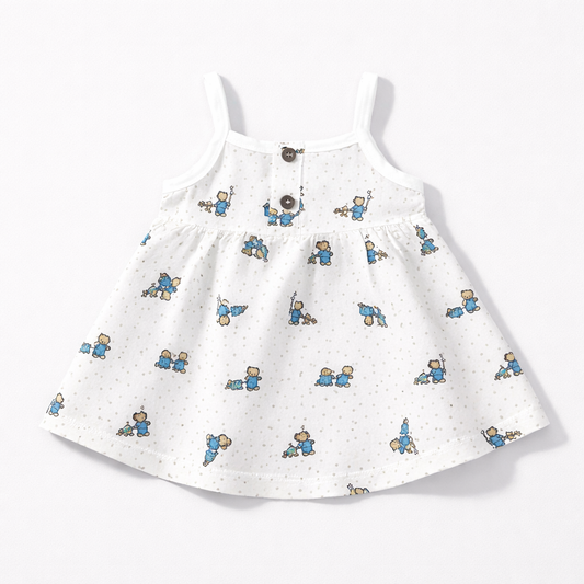 Baby Girl Printed Cotton Dress White Blue Teddy Bear Sleeveless Summer Dress
