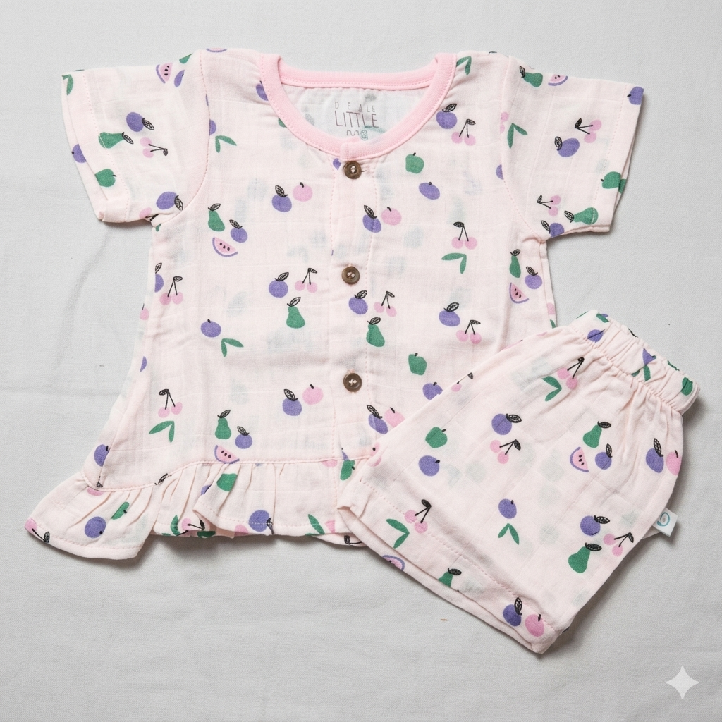 Dear Little Baby Girl Muslin Cotton Co-Ord Set Printed Top and Shorts Set - Cutypi