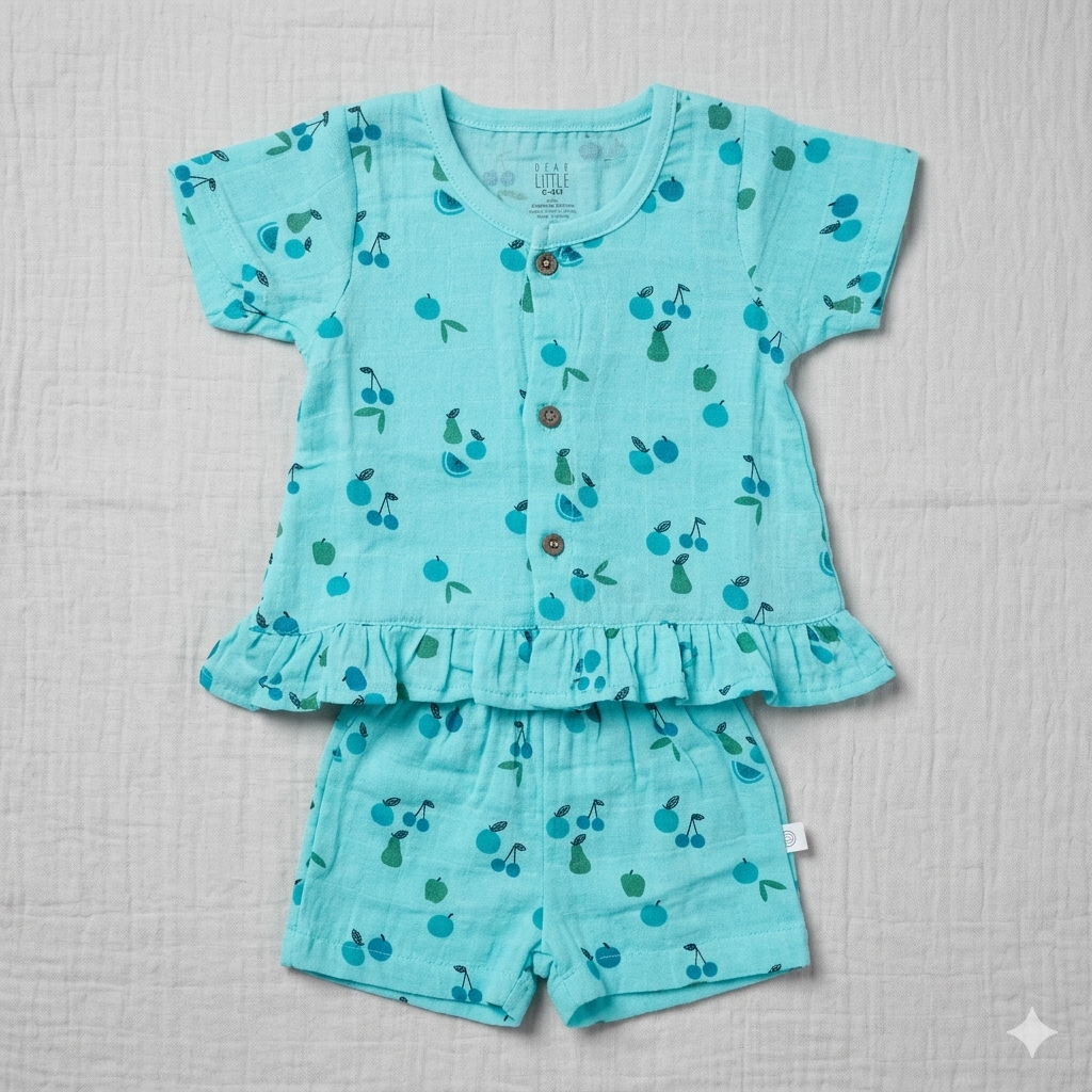 Dear Little Baby Girl Muslin Cotton Co-Ord Set Printed Top and Shorts Set - Cutypi