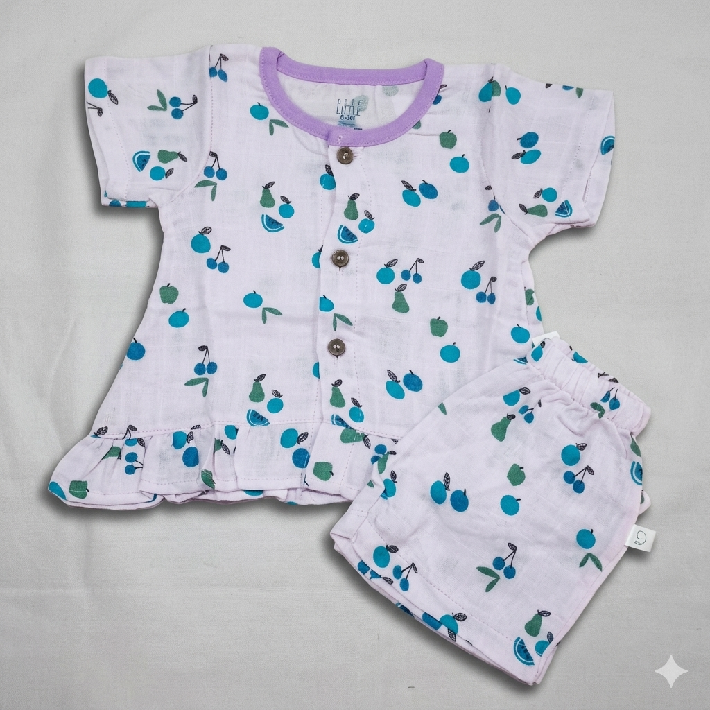 Dear Little Baby Girl Muslin Cotton Co-Ord Set Fruit Print Top and Shorts Set - Cutypi