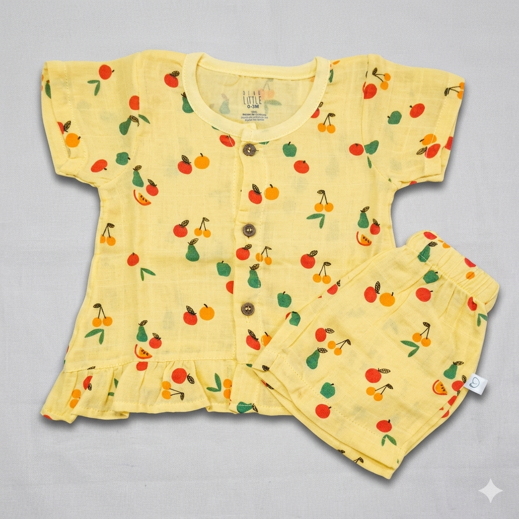 Dear Little Baby Girl Muslin Cotton Co-Ord Set Yellow Fruit Print Top and Shorts Set - Cutypi
