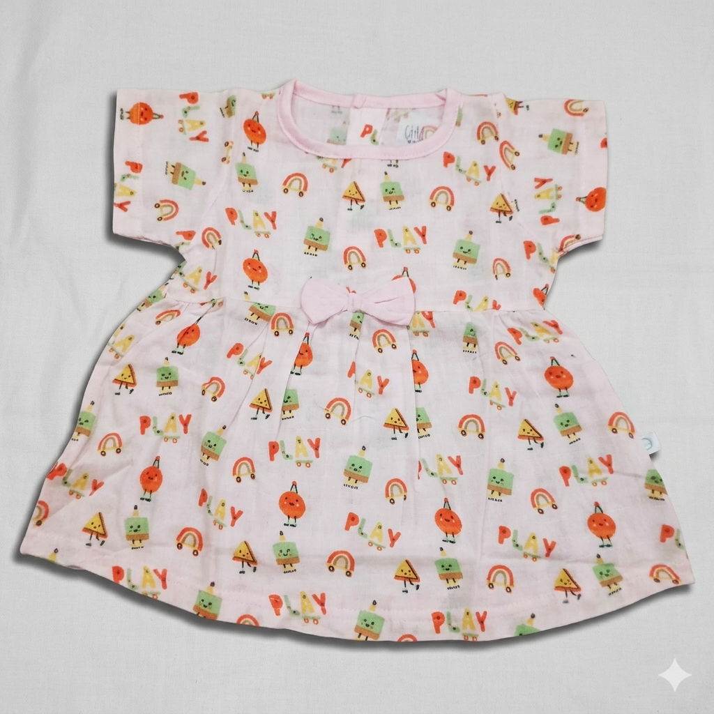 Dear Little Baby Girl Printed Muslin Cotton Dress Bow Detail Short Sleeve Frock - Cutypi