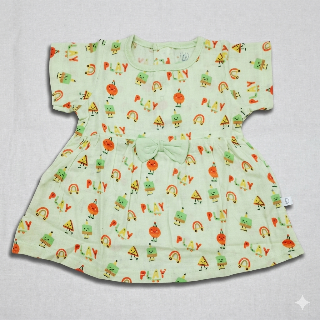 Dear Little Baby Girl Mint Printed Muslin Cotton Dress Bow Detail Short Sleeve Frock - Cutypi