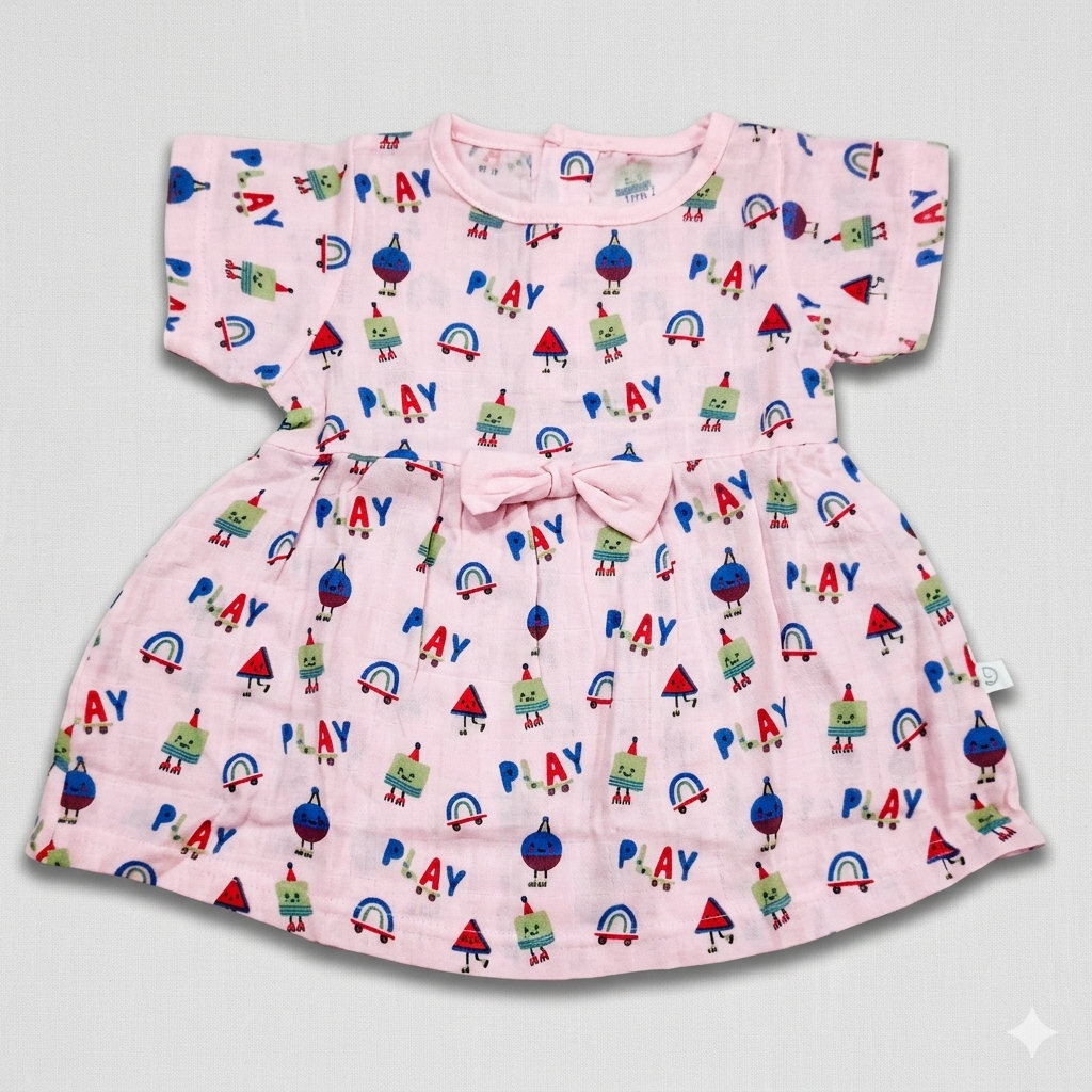 Dear Little Baby Girl Pink Printed Muslin Cotton Dress Bow Detail Short Sleeve Frock - Cutypi
