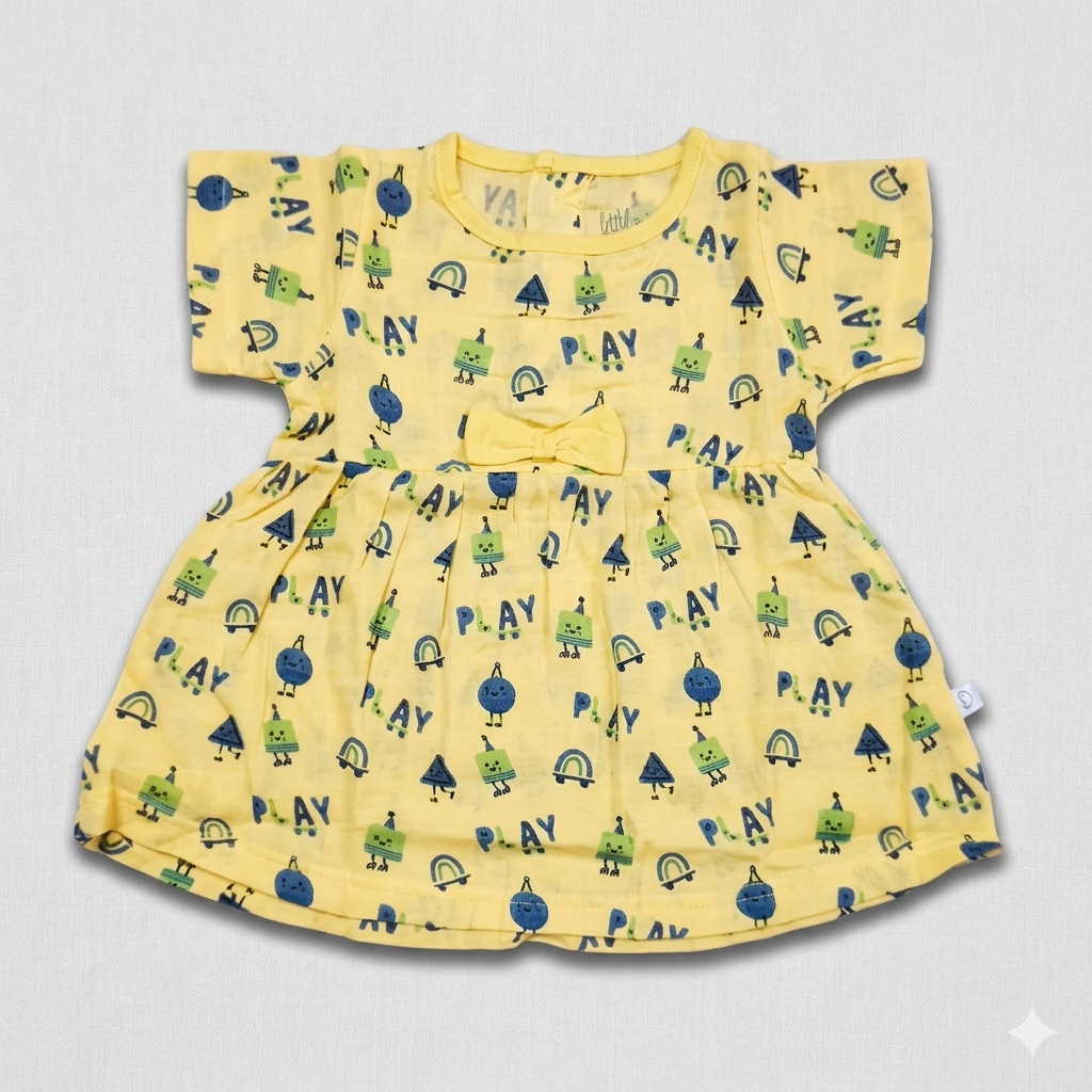 Dear Little Baby Girl Printed Yellow Muslin Cotton Dress Bow Detail Short Sleeve Frock - Cutypi