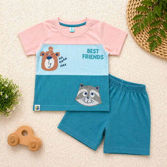 First Toy Baby Boys Cotton T-Shirt and Shorts Set Blue Best Friends Cartoon Summer Outfit  - Cutypi