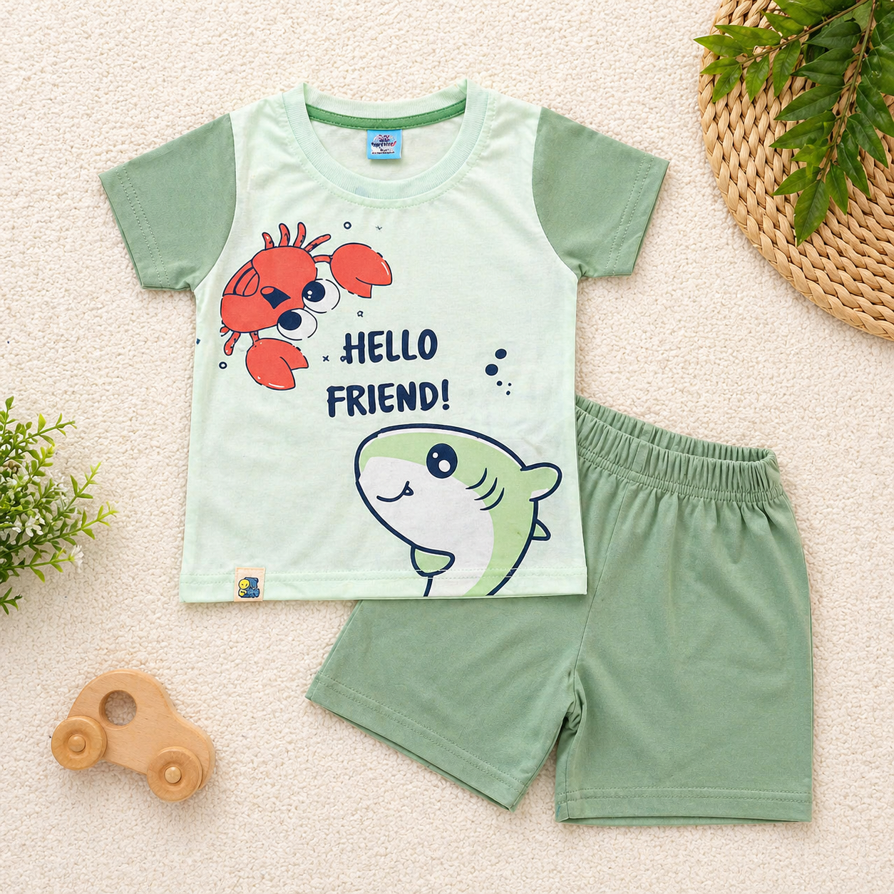 First Toy Baby Boys Cotton T-Shirt and Shorts Set Green Hello Friends Shark Print Outfit  - Cutypi