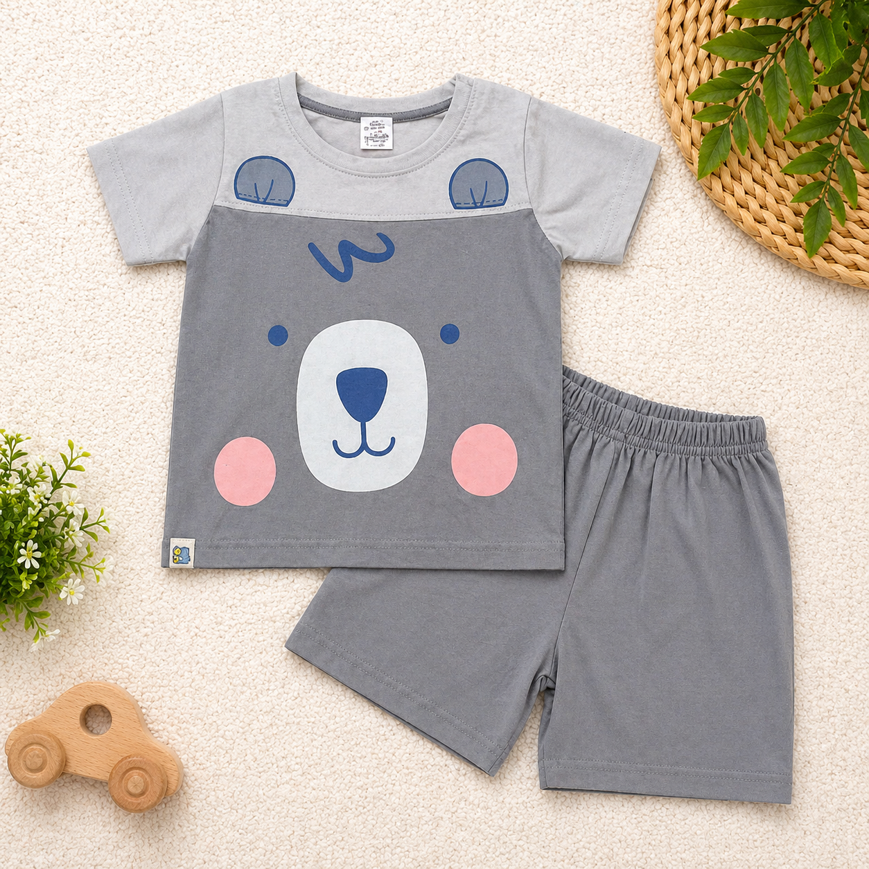 First Toy Baby Boys Cotton T-Shirt and Shorts Set Grey Cute Bear Face Printed Outfit  - Cutypi
