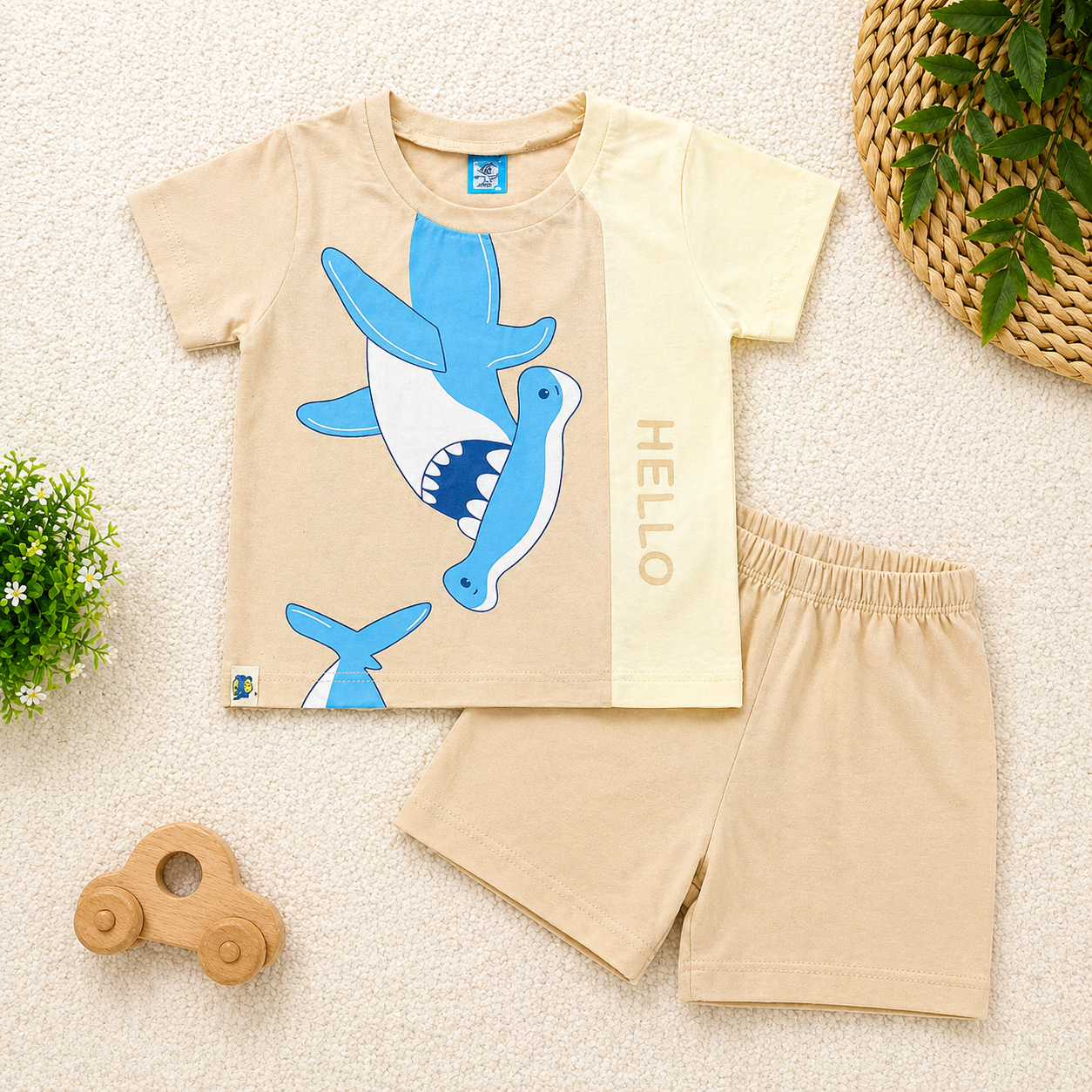 First Toy Baby Boys Cotton T-Shirt and Shorts Set Beige Shark Print Hello Summer Outfit  - Cutypi