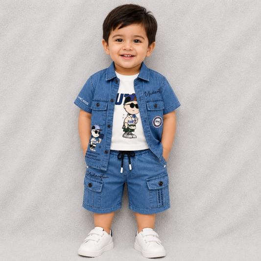 Denim Shirt with Graphic T-Shirt & Denim Cargo Shorts Kids 3-Piece Set