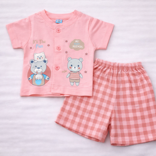 First Toys Baby Girls Cotton T-Shirt and Shorts Set Pink Cute Bear Print Outfit - Cutypi