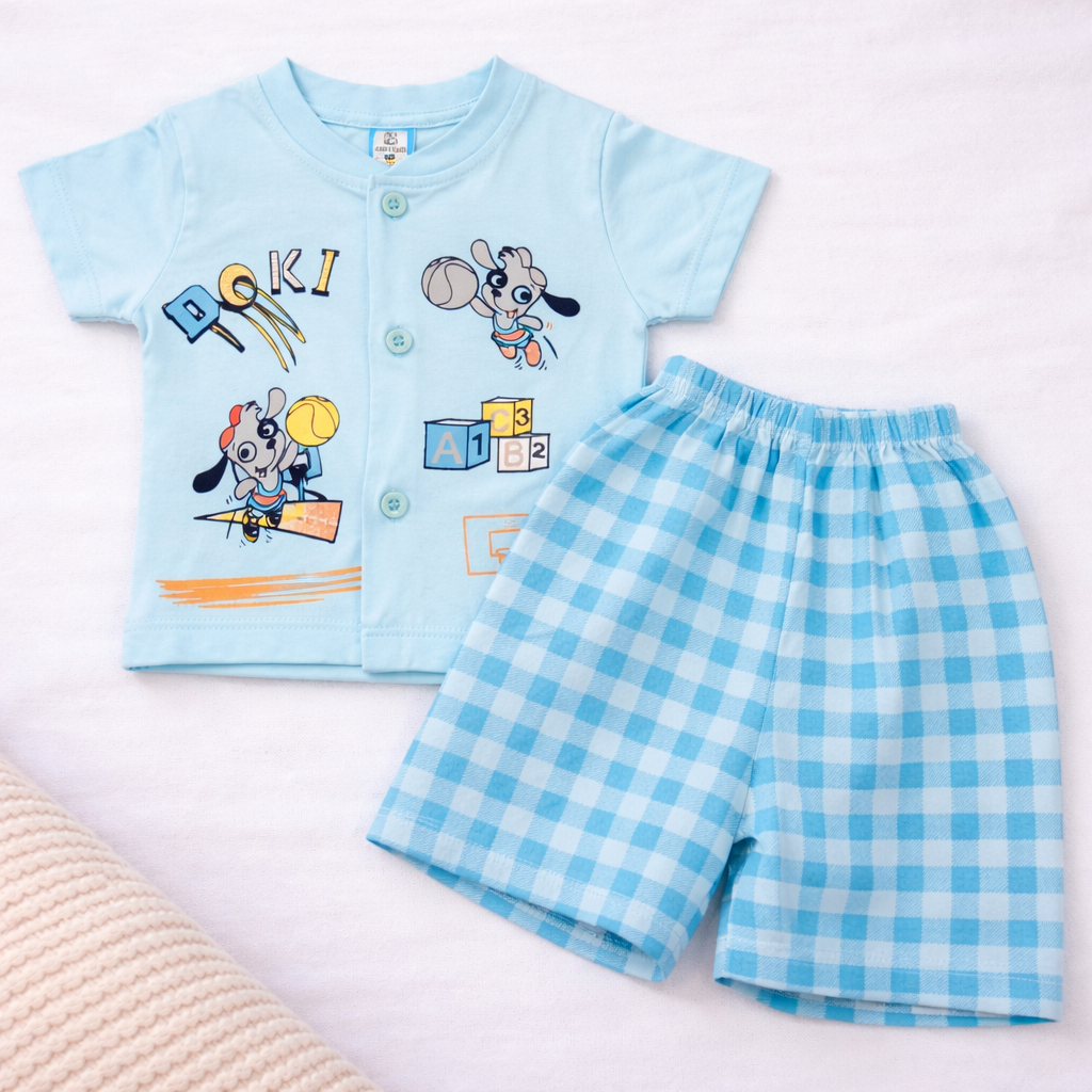 First Toys Baby Boys Cotton T-Shirt and Shorts Set Sky Blue Cartoon Print Outfit - Cutypi