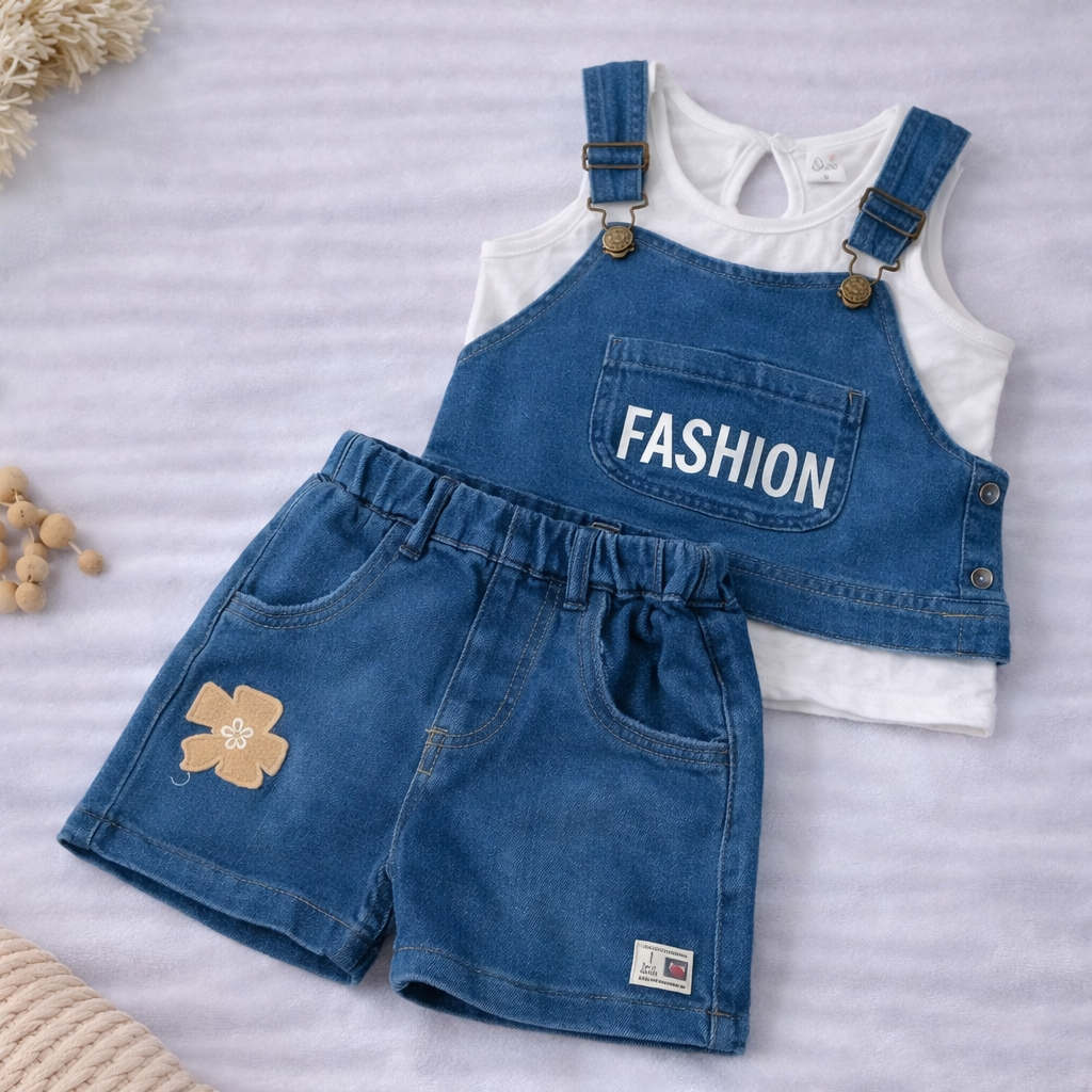 Girls Denim Top and Shorts Set Fashion Print Stylish Kids Outfit Casual Wear