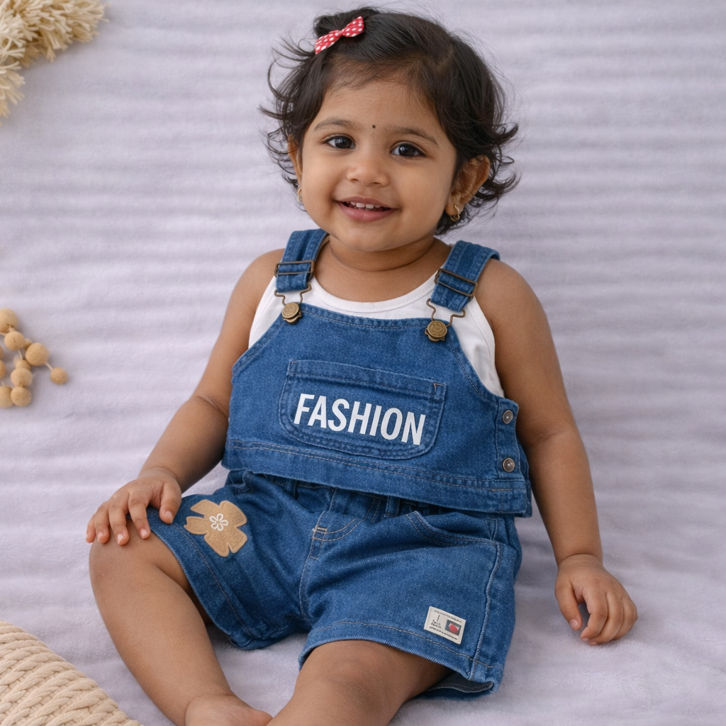 Girls Denim Top and Shorts Set Fashion Print Stylish Kids Outfit Casual Wear