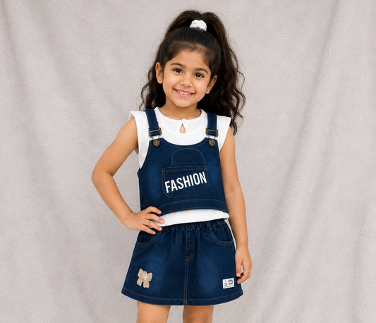 Girls Denim Top and Shorts Set Fashion Print Stylish Kids Outfit Casual Wear