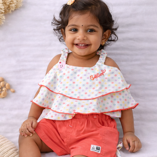 Girls Cotton Top and Shorts Set Polka Dot Summer Outfit Orange