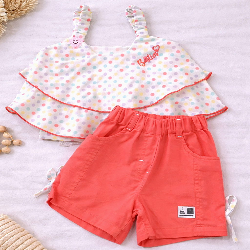 Girls Cotton Top and Shorts Set Polka Dot Summer Outfit Orange