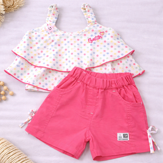 Girls Cotton Top and Shorts Set Polka Dot Summer Outfit Pink