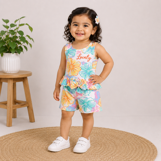 Girls Cotton Top and Shorts Set Floral Print Sleeveless Summer Outfit Kids Wear