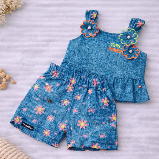 I Love Mom Girls Cotton Top and Shorts Set Floral Print Sleeveless Blue Summer Outfit Kids Wear - Cutypi