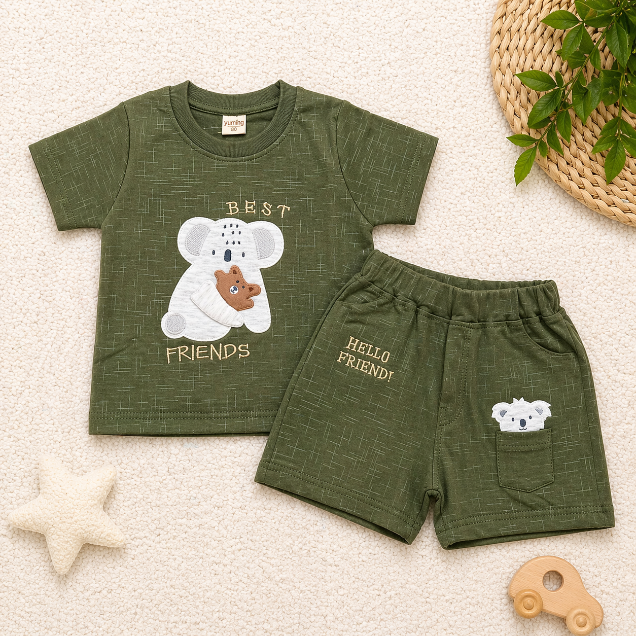 Krunchy Baby Boys Cotton T-Shirt and Shorts Set Green Best Friends Printed Casual Outfit  - Cutypi
