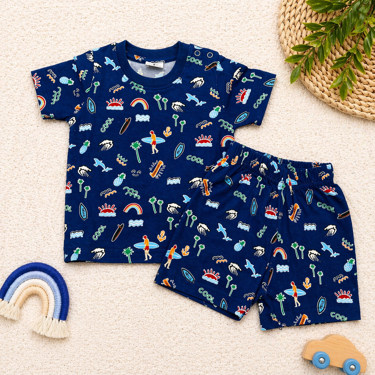 Krunchy Baby Boys Cotton T-Shirt and Shorts Set Navy Blue Beach Print Summer Outfit  - Cutypi