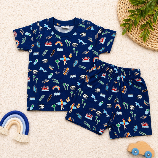 Krunchy Baby Boys Cotton T-Shirt and Shorts Set Navy Blue Beach Print Summer Outfit  - Cutypi