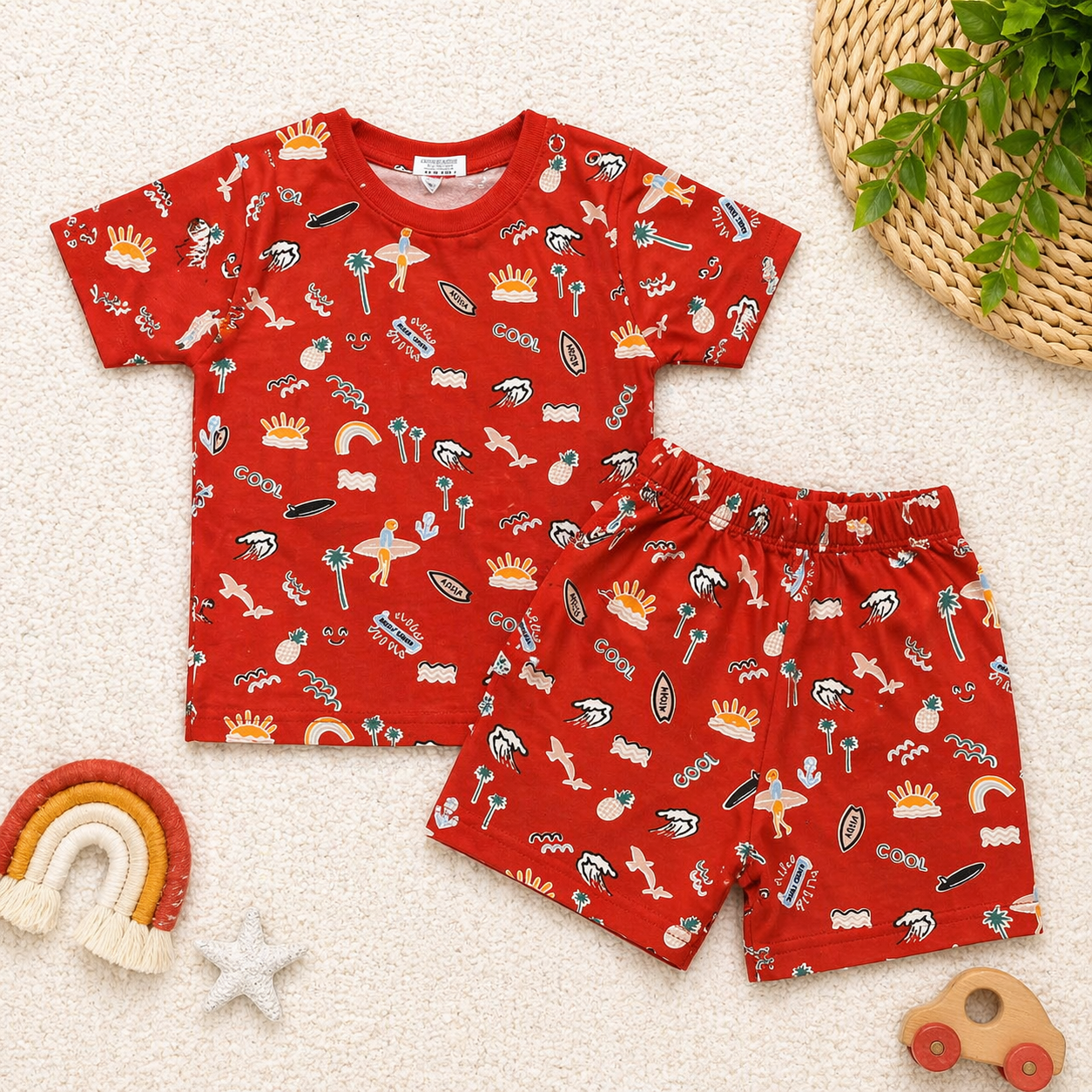 Krunchy Baby Boys Cotton T-Shirt and Shorts Set Beach Print Summer Outfit  - Cutypi