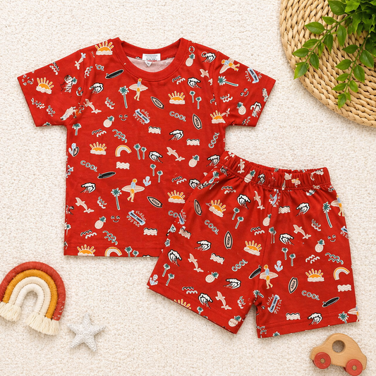 Krunchy Baby Boys Cotton T-Shirt and Shorts Set Beach Print Summer Outfit  - Cutypi