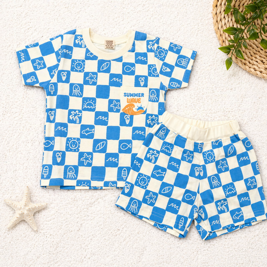 Krunchy Boys Cotton T-Shirt and Shorts Set Blue Summer Wave Print Outfit  - Cutypi
