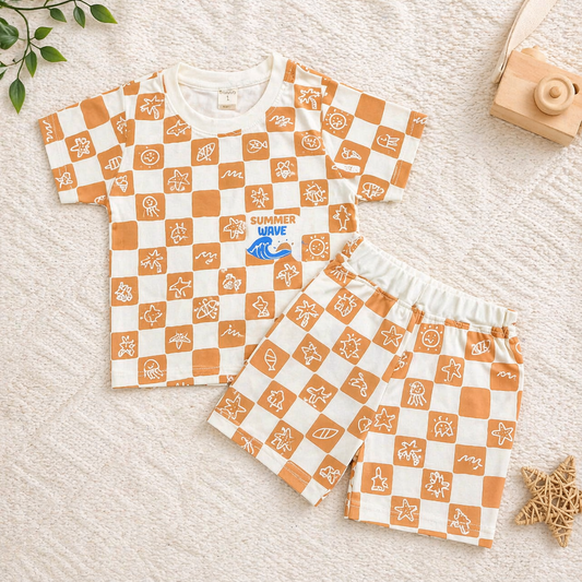 Krunchy Boys Cotton T-Shirt and Shorts Set Orange Summer Wave Print Outfit  - Cutypi
